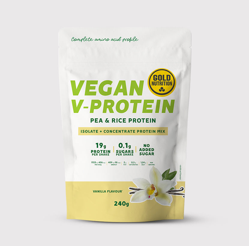 GoldNutrition V-Protein Hazelnut 240g vegan protein powder product label view