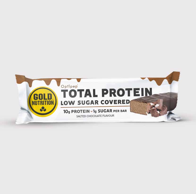 GoldNutrition Total Protein Low Sugar Covered Bar strawberry chocolate package side view.