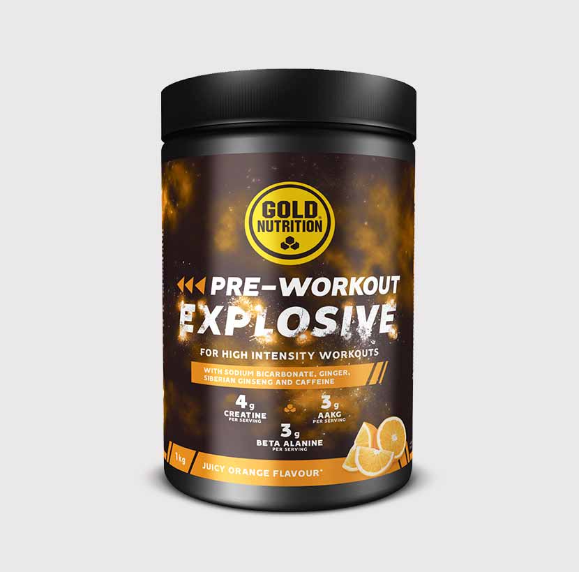 GoldNutrition Pre-Workout Explosive supplement in a container with a scoop and label visible.