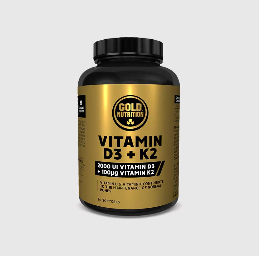 GoldNutrition Vitamin D3 plus K2 90 softgels supplement bottle with yellow softgels