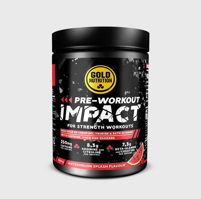 GoldNutrition Pre-Workout Impact powder in green apple flavor, showing the colorful supplement scoop and packaging.