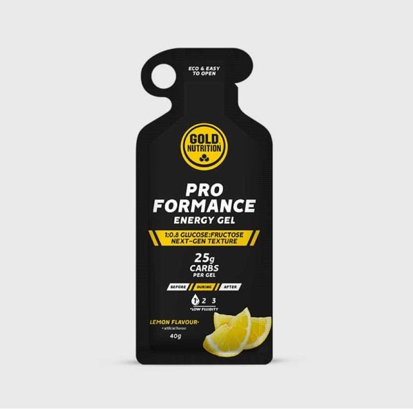 GoldNutrition ProFormance Energy Gel in lemon flavor, single-serve packet for quick energy boost during workouts