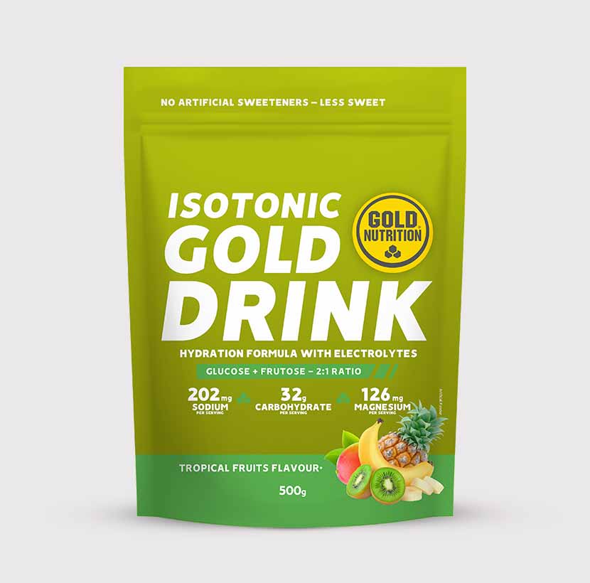 GoldNutrition Gold Drink 500g Tropical Fruit tub with yellow lid and label