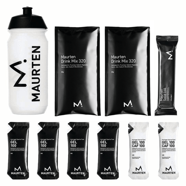 Maurten Marathon Pack Caffeinated includes energy gels and hydration products for endurance running, branded Maurten.