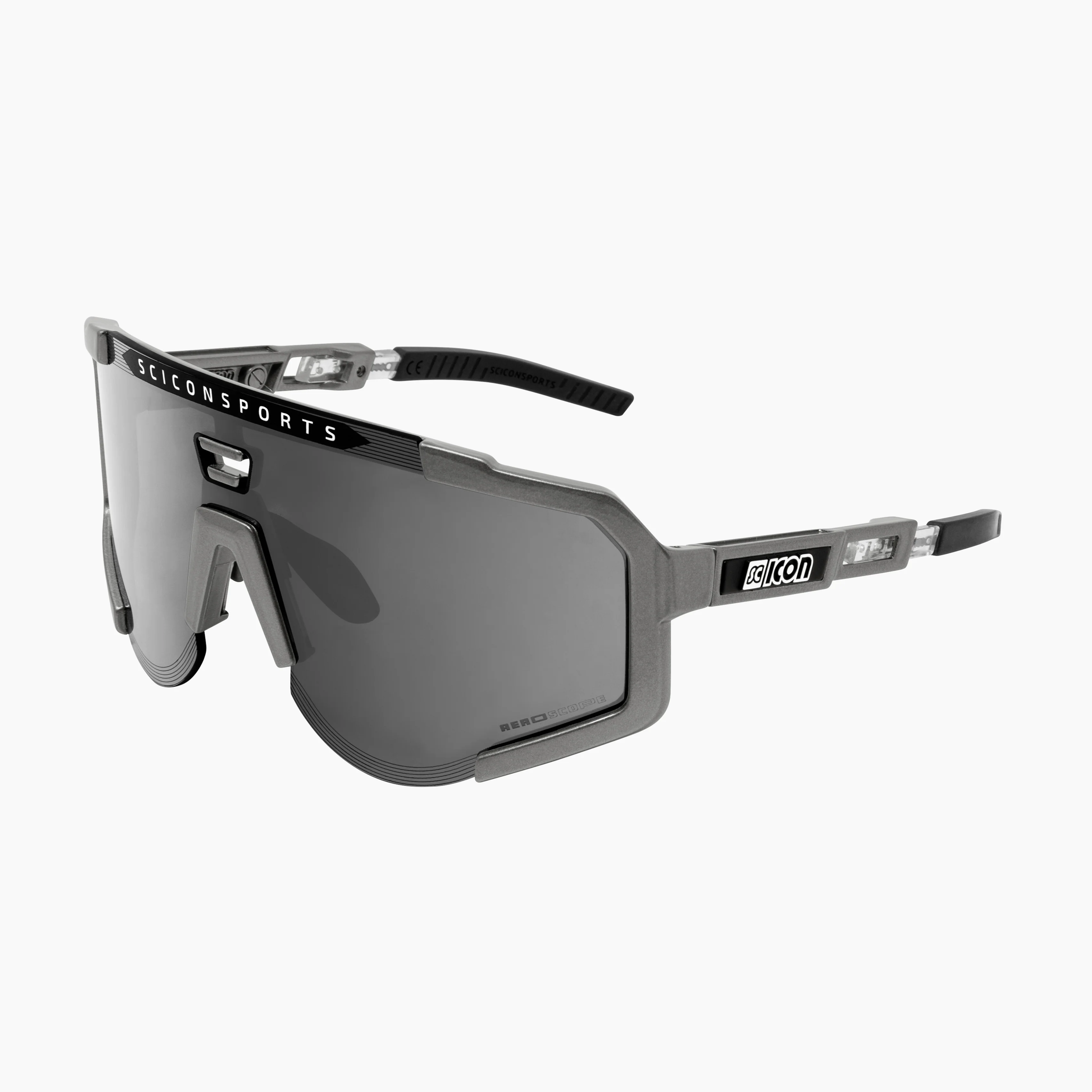 Scicon Aeroscope high-performance sport sunglasses with black gloss frame and red multi-mirror lenses for active outdoor use.