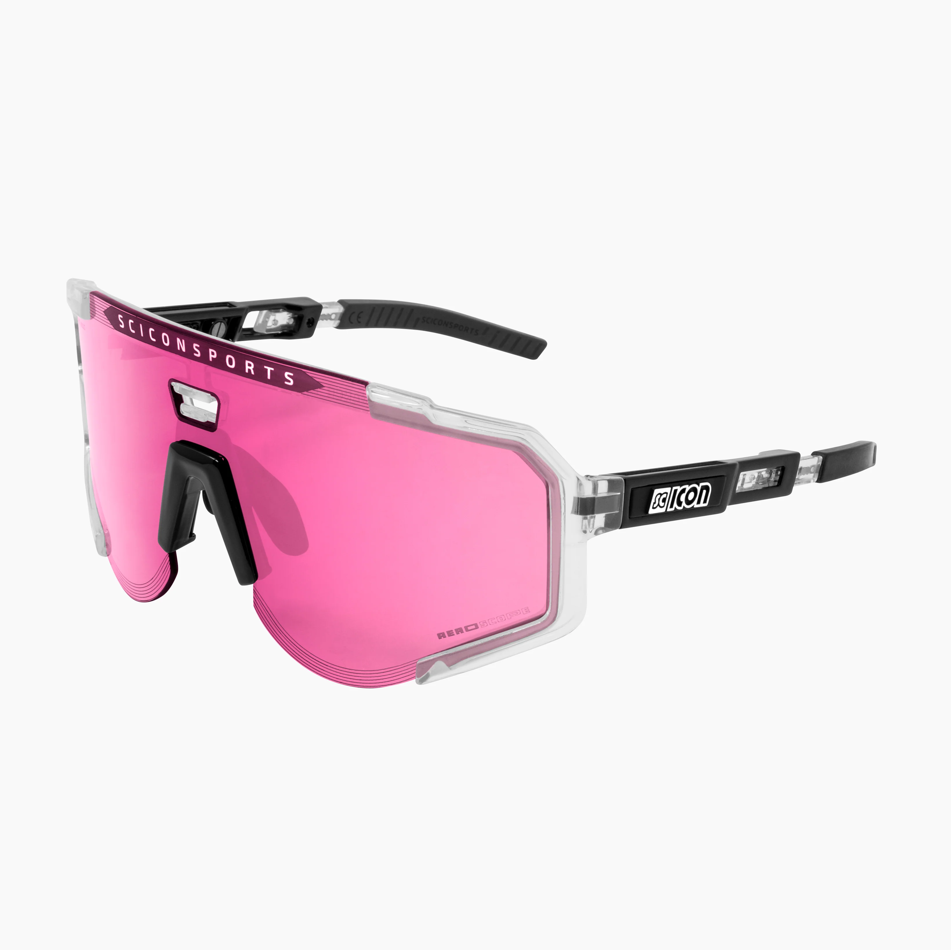 Scicon Aeroscope high-performance sport sunglasses with black gloss frame and red multimirror lenses, designed for active wear.