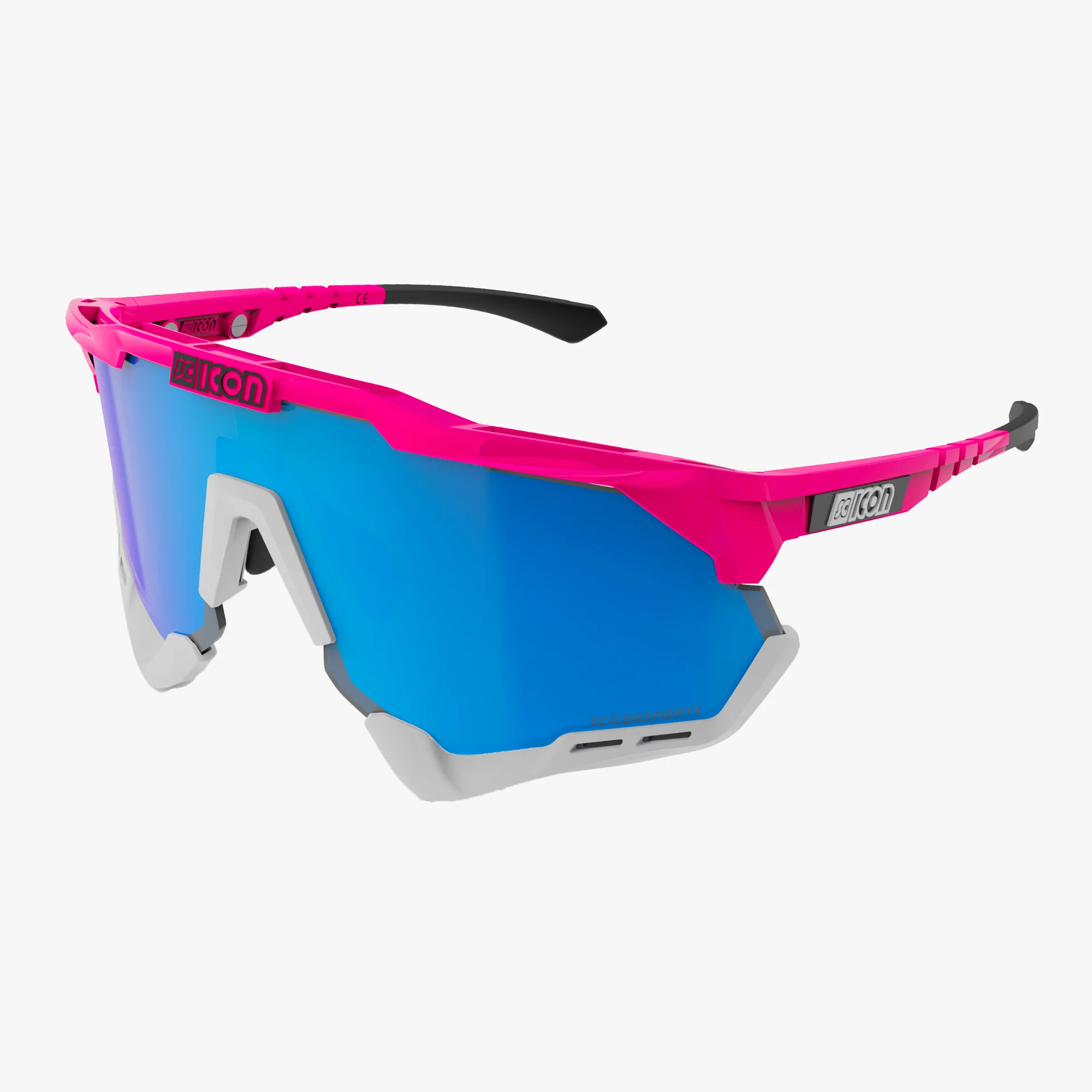 Scicon AeroShade XL high-performance sport sunglasses with matte carbon frame and red multi-mirror lenses.