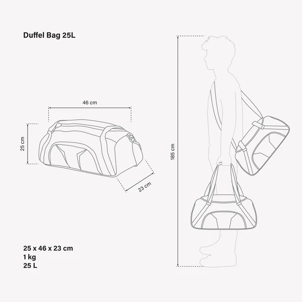 Scicon 25L duffel bag with durable fabric, carrying handles, and adjustable shoulder strap for versatile travel and gym use.