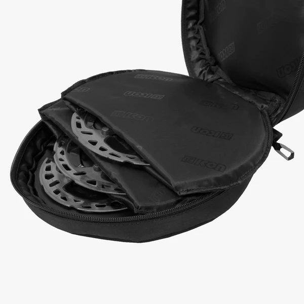 Scicon disc rotor pouch showing padded, zippered storage case for bicycle disc brake rotors with branding details.