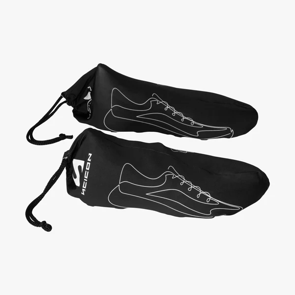 Scicon dual shoe pouch set with two compact, black travel shoe bags featuring zip closures and breathable mesh panels.