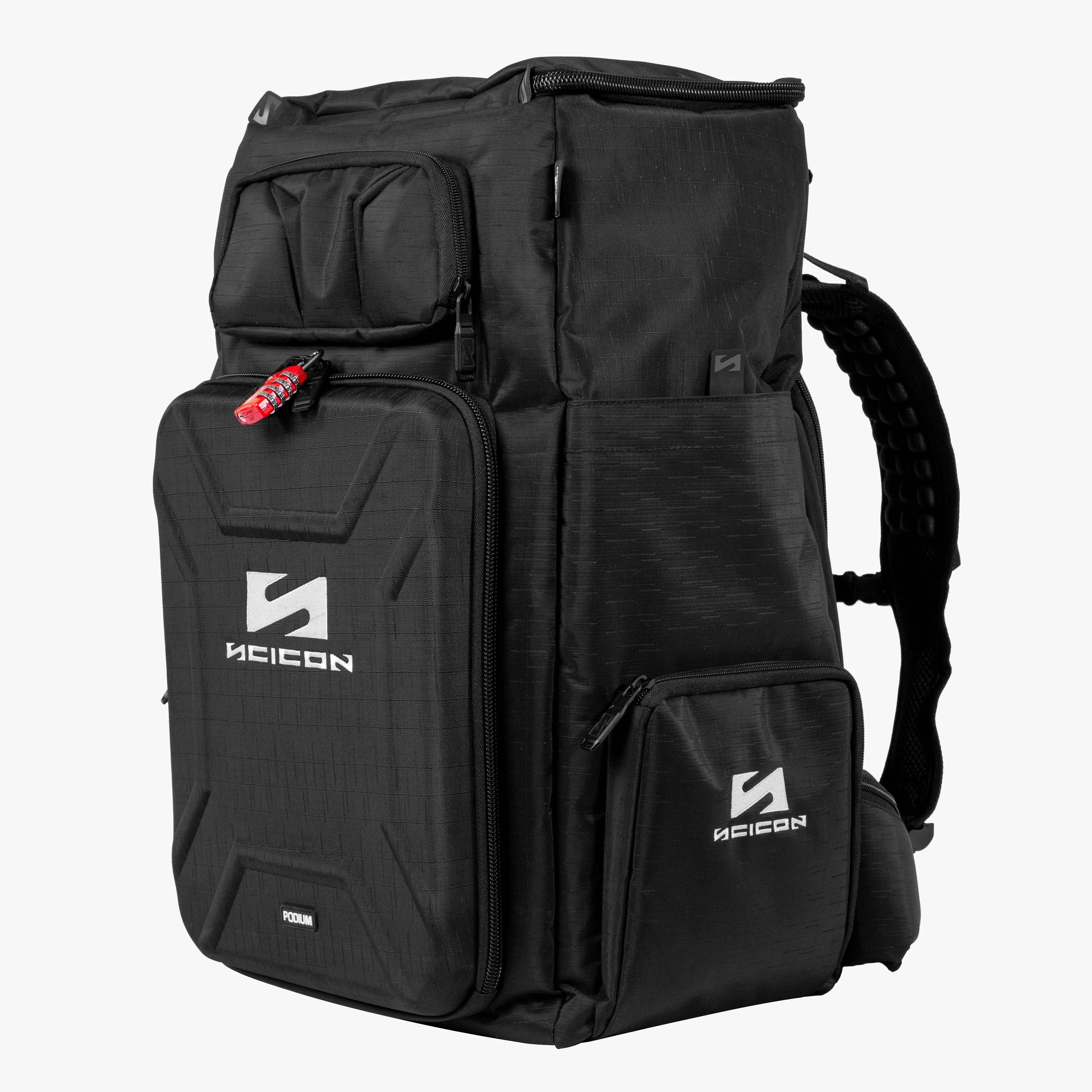 Scicon Podium Compact Sports Backpack 55L with multiple compartments, adjustable straps, and durable black fabric for active use.