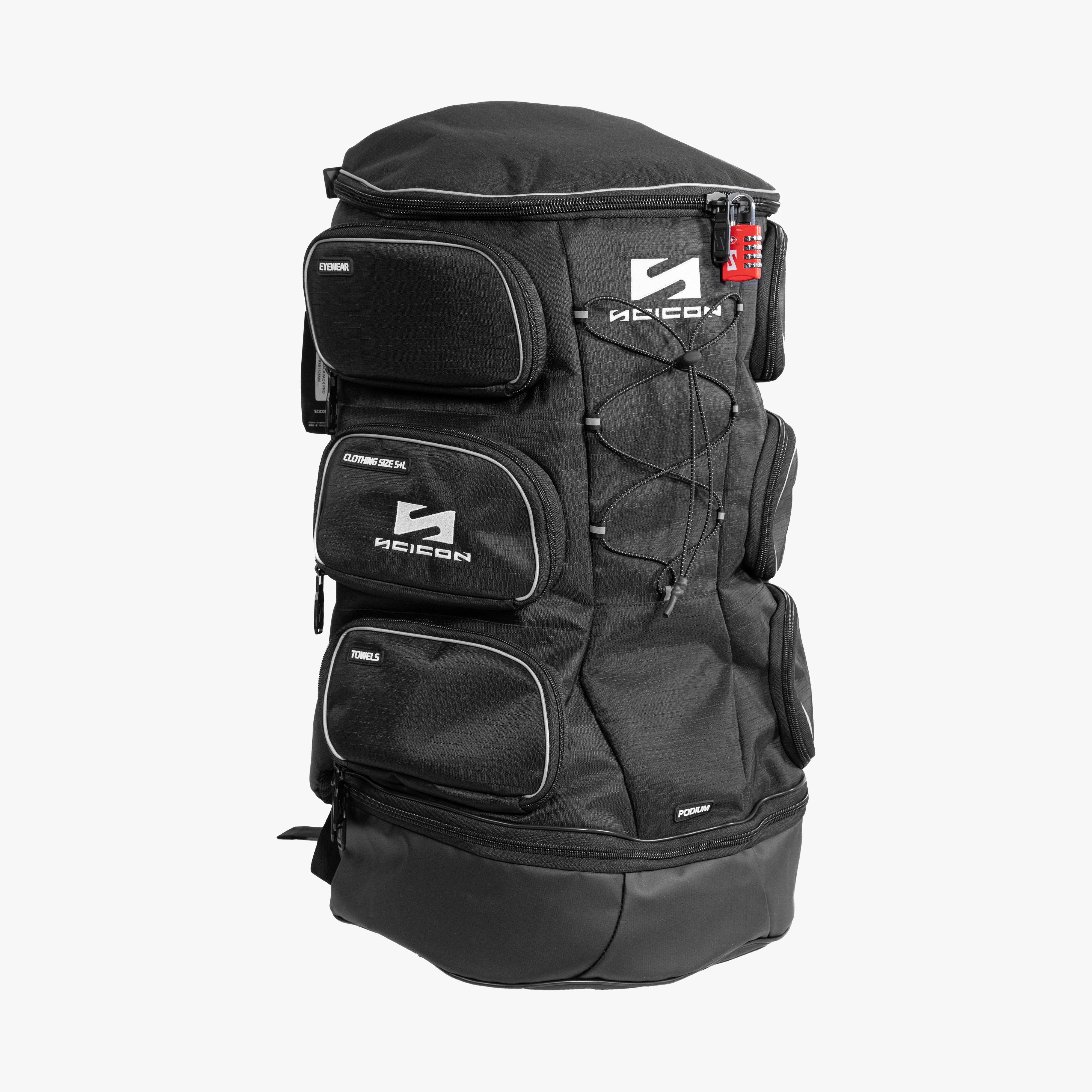 Scicon Podium Pro Sports Backpack with multiple compartments, padded straps, and sleek design for athletic and daily use.