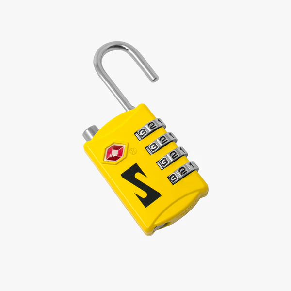 Red Scicon TSA luggage padlock with keyhole and combination dial for secure travel baggage protection.